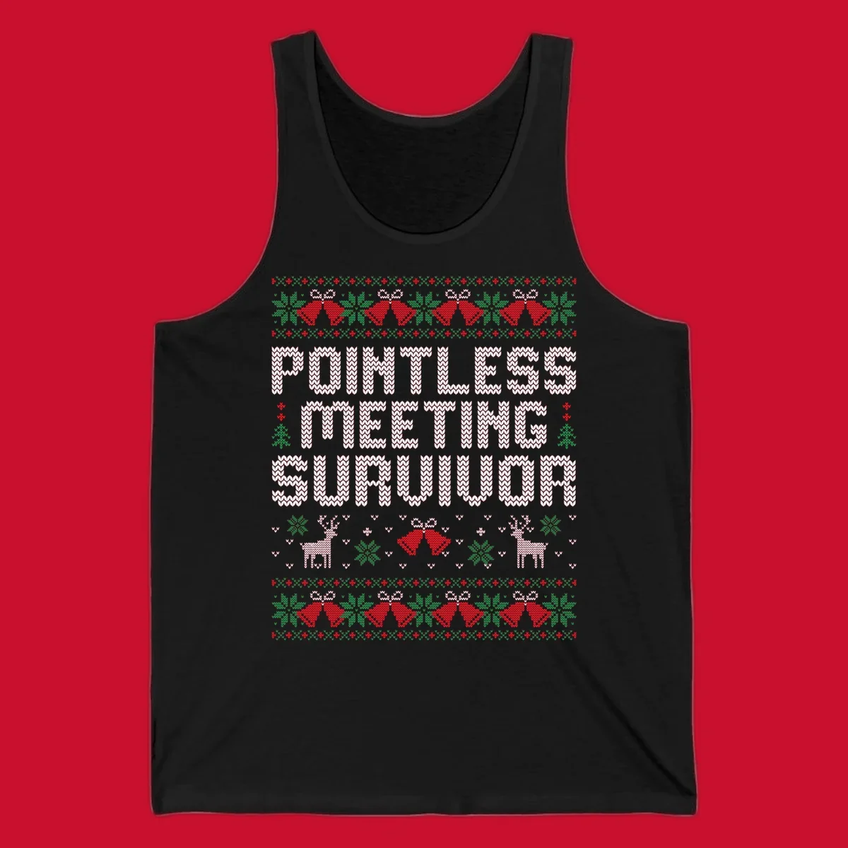 Pointless meeting survivor text with ugly christmas sweater elements like reindeer and bells.