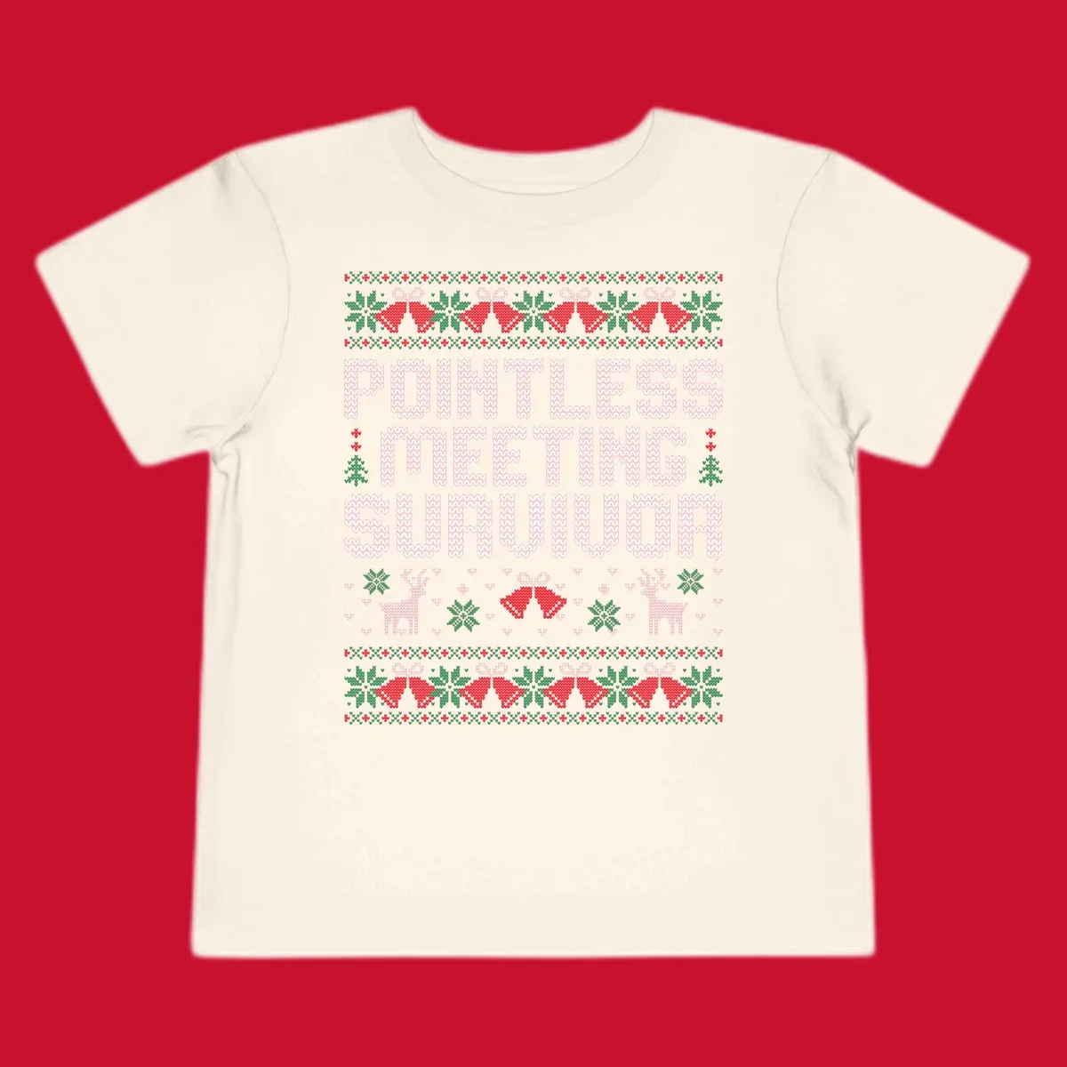 Pointless meeting survivor text with ugly christmas sweater elements like reindeer and bells.