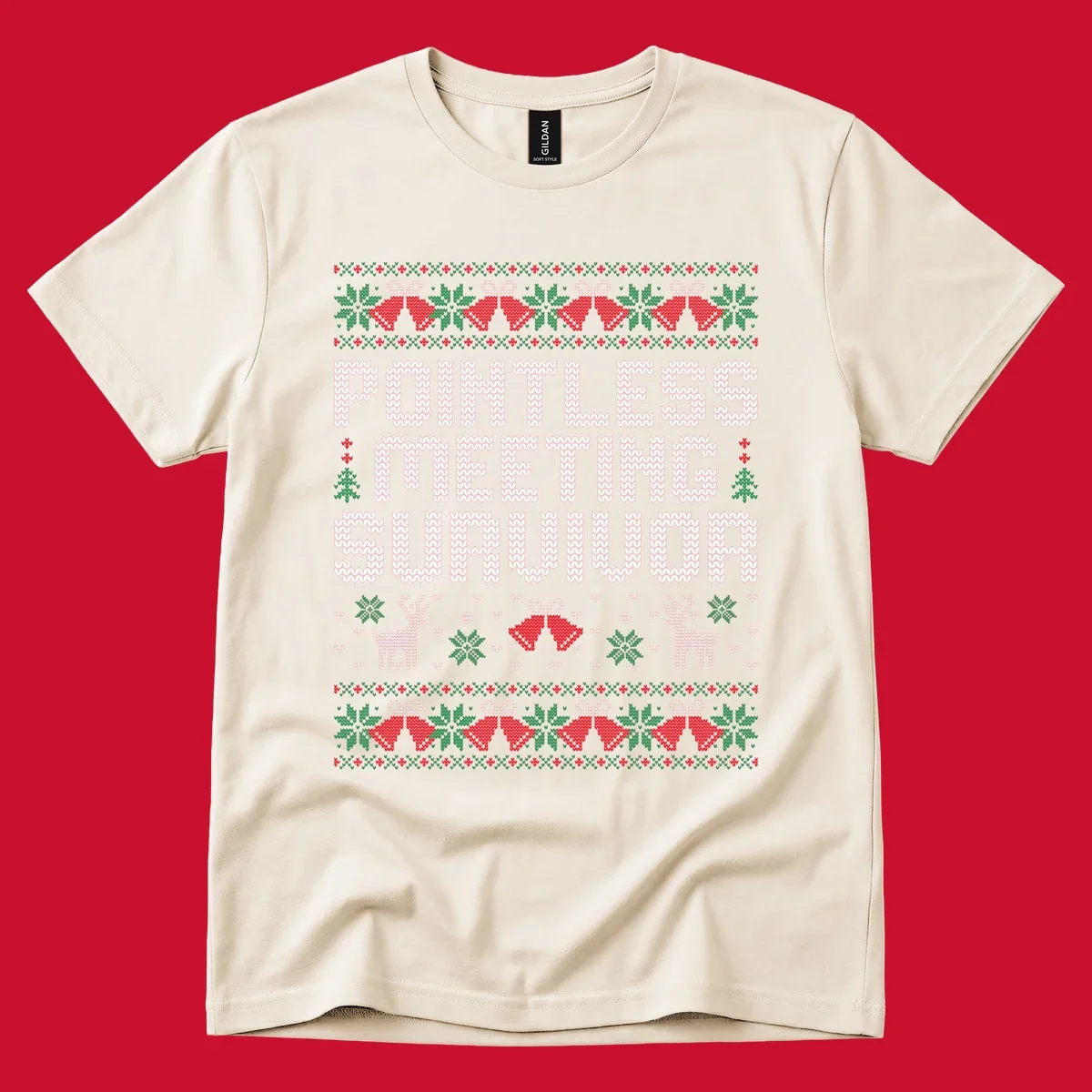 Pointless meeting survivor text with ugly christmas sweater elements like reindeer and bells.