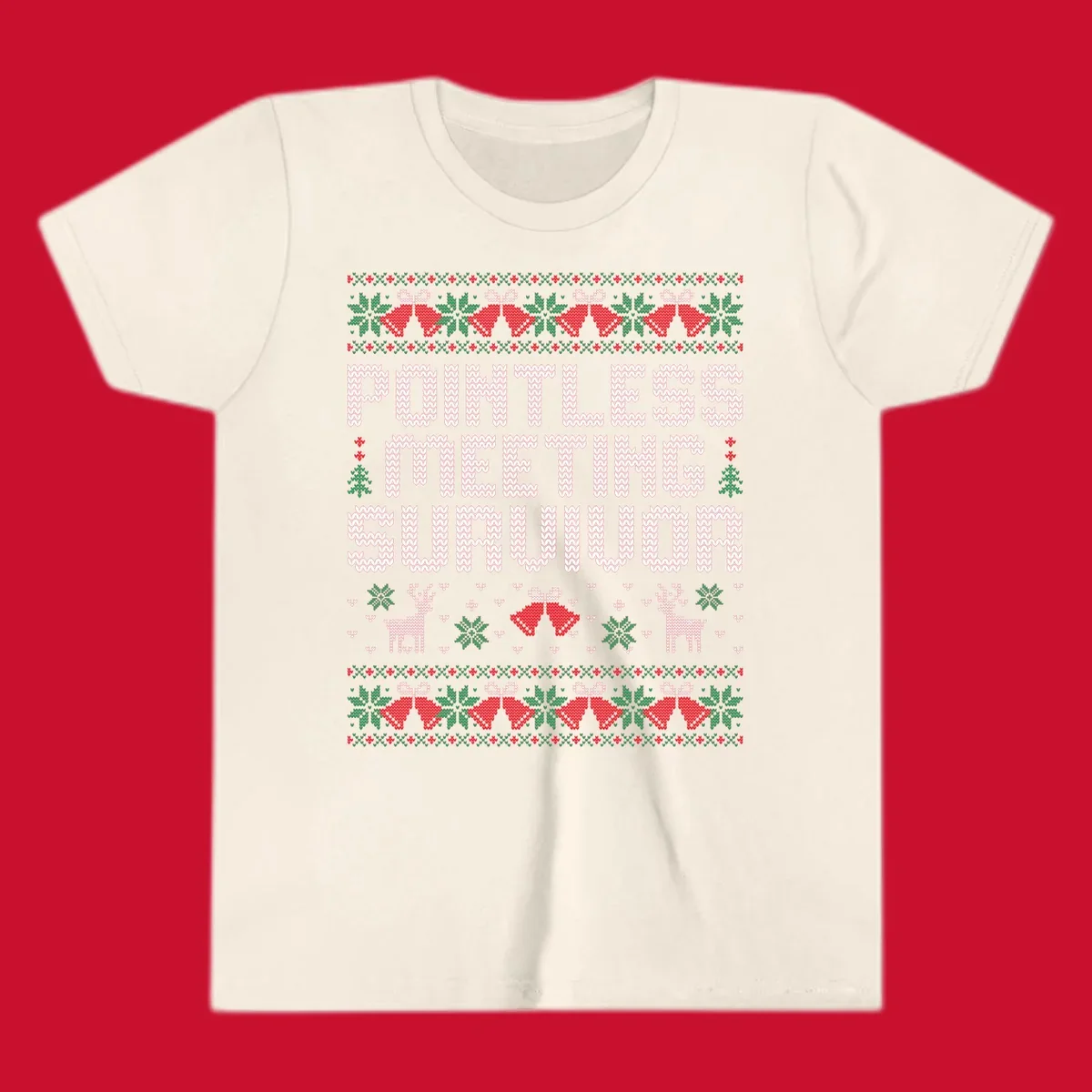 Pointless meeting survivor text with ugly christmas sweater elements like reindeer and bells.