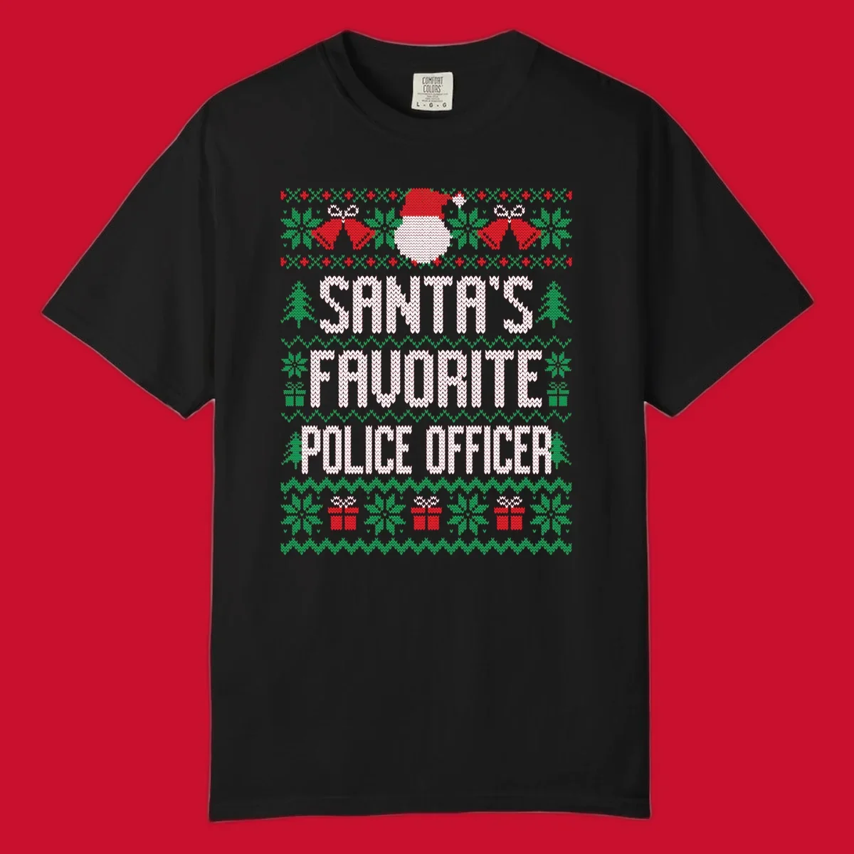 Santa's Favorite Police Officer ugly Christmas design with text and holiday elements.