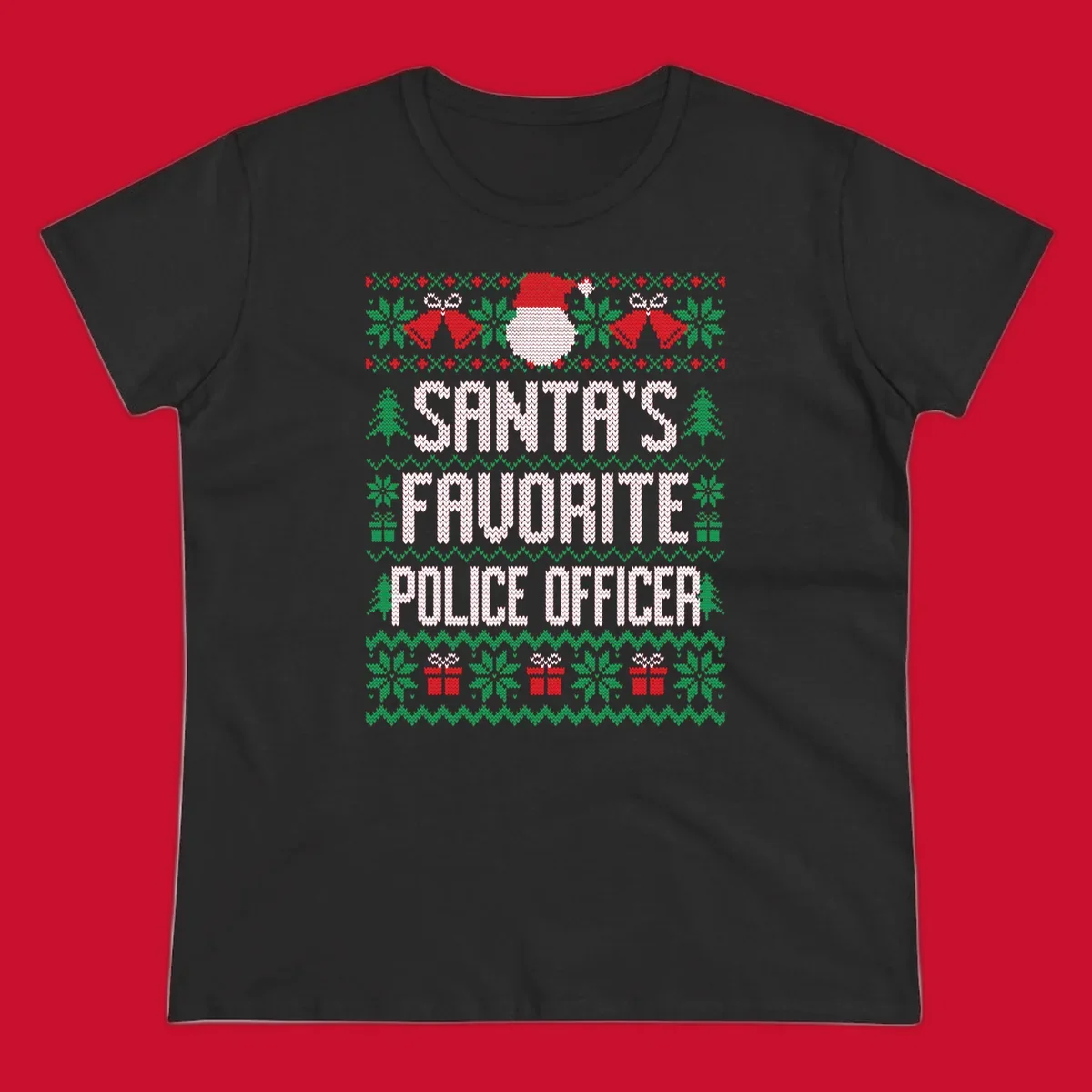 Santa's Favorite Police Officer ugly Christmas design with text and holiday elements.