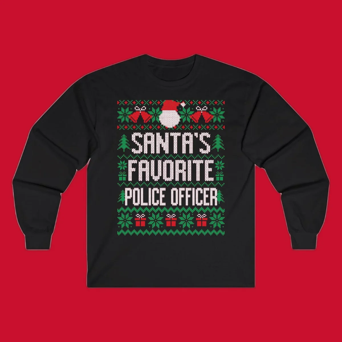 Santa's Favorite Police Officer ugly Christmas design with text and holiday elements.