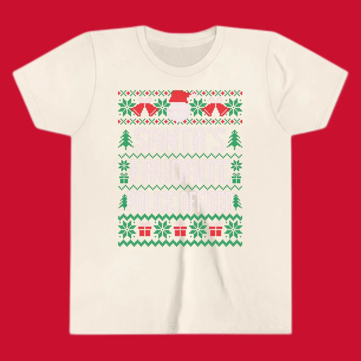 Santa's Favorite Police Officer ugly Christmas design with text and holiday elements.