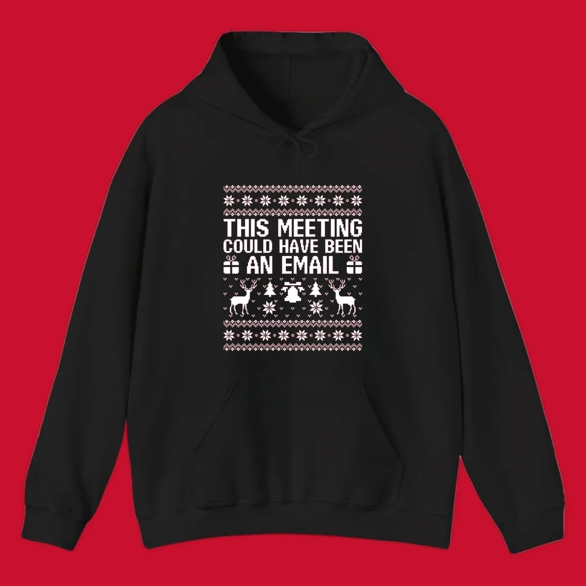 Ugly Christmas sweater design with text 'THIS MEETING COULD HAVE BEEN AN EMAIL' and festive holiday elements like reindeer and snowflakes.