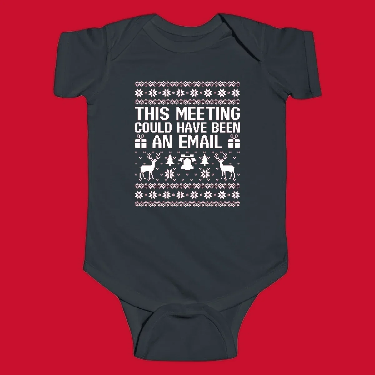 Ugly Christmas sweater design with text 'THIS MEETING COULD HAVE BEEN AN EMAIL' and festive holiday elements like reindeer and snowflakes.
