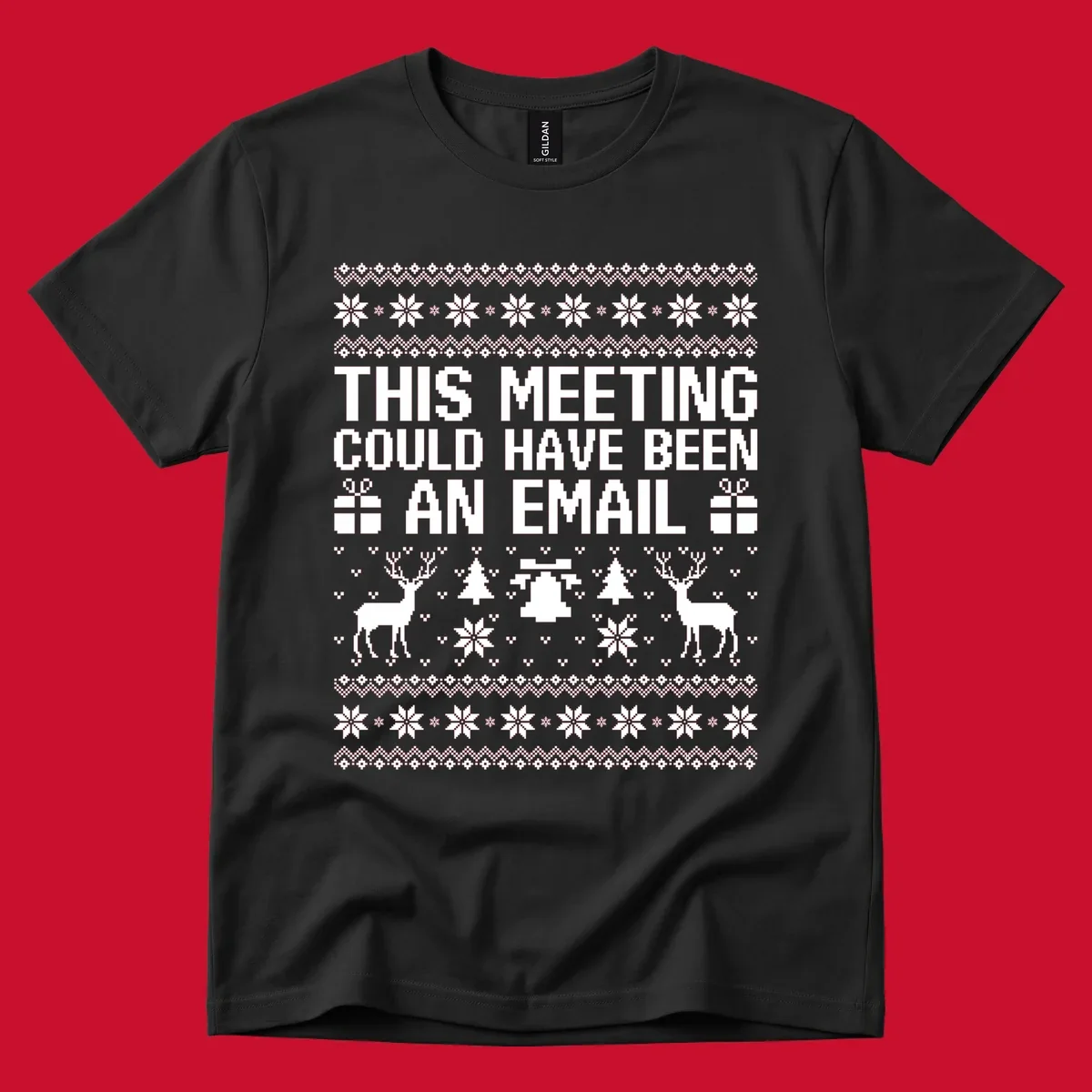 Ugly Christmas sweater design with text 'THIS MEETING COULD HAVE BEEN AN EMAIL' and festive holiday elements like reindeer and snowflakes.