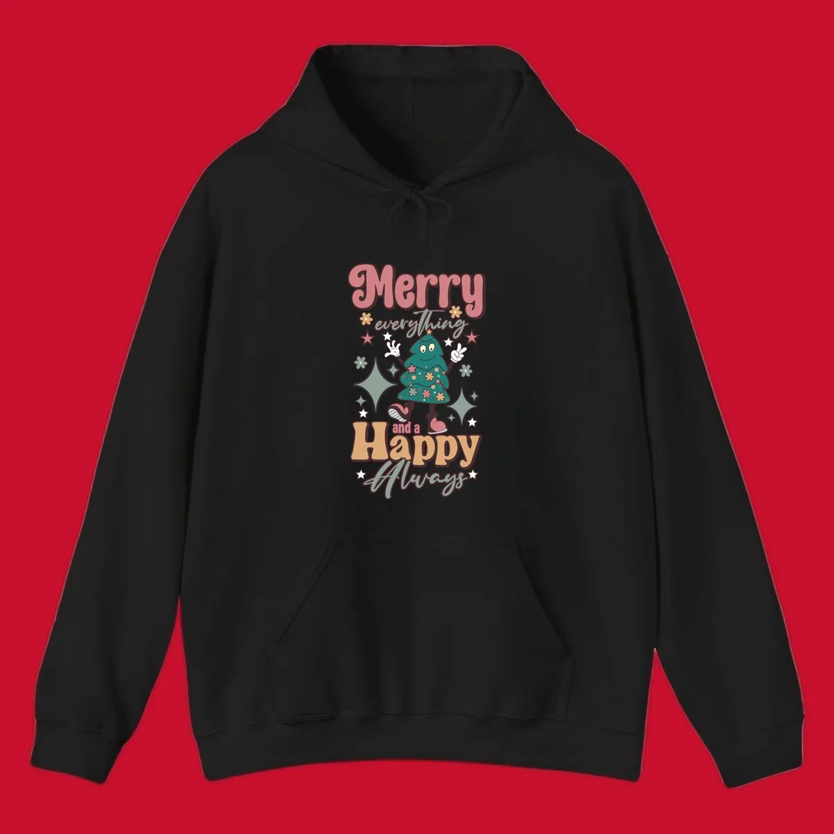 Merry Everything And A Happy Always Christmas Tree illustration with retro font.