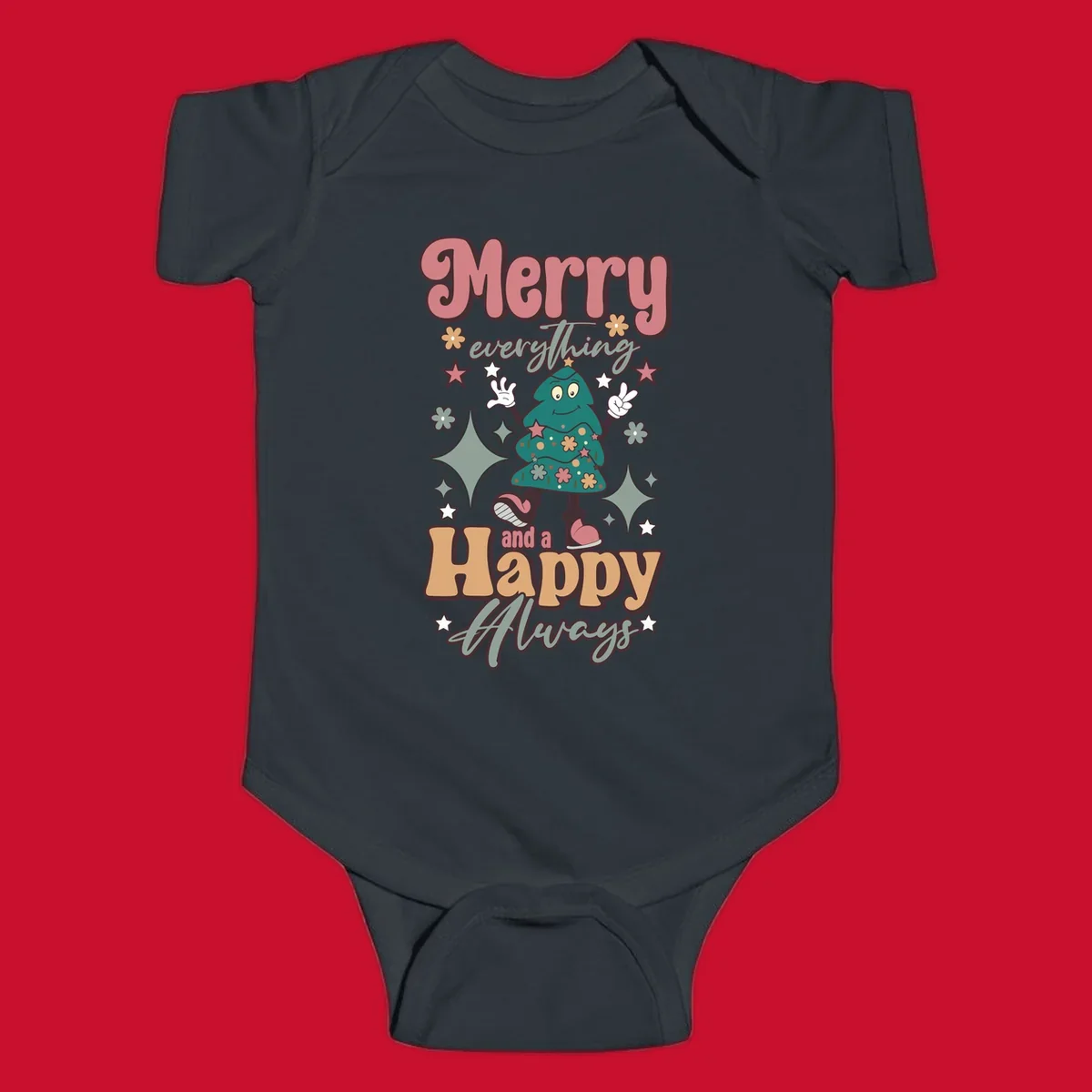 Merry Everything And A Happy Always Christmas Tree illustration with retro font.