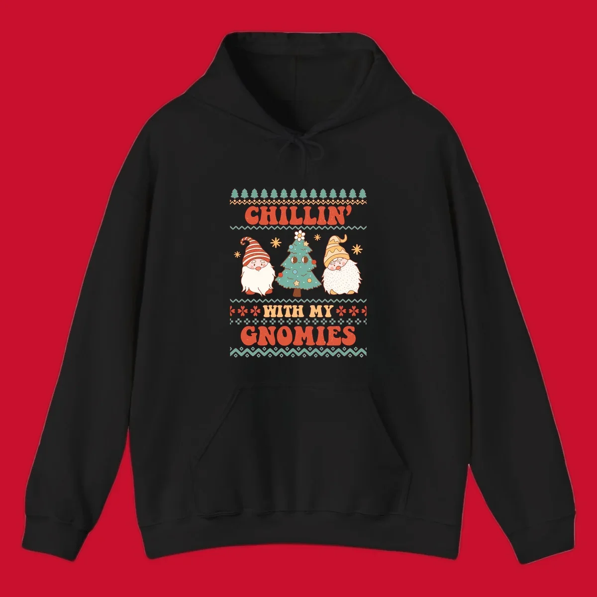 Chillin with my gnomies holiday design featuring retro text, gnomes, and a Christmas tree.