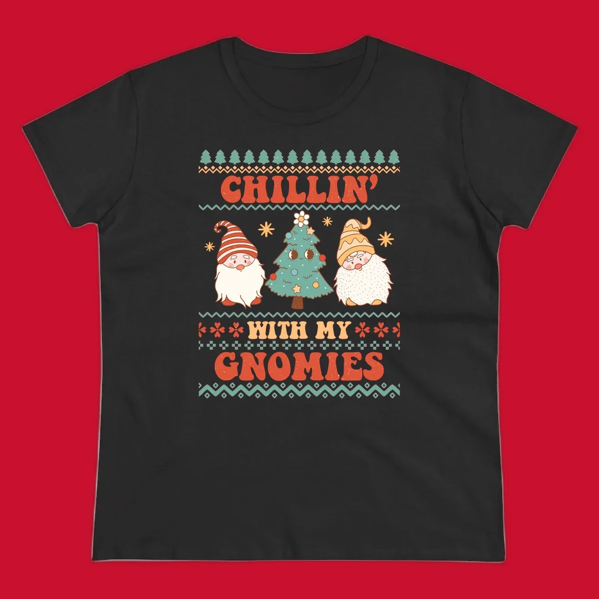 Chillin with my gnomies holiday design featuring retro text, gnomes, and a Christmas tree.