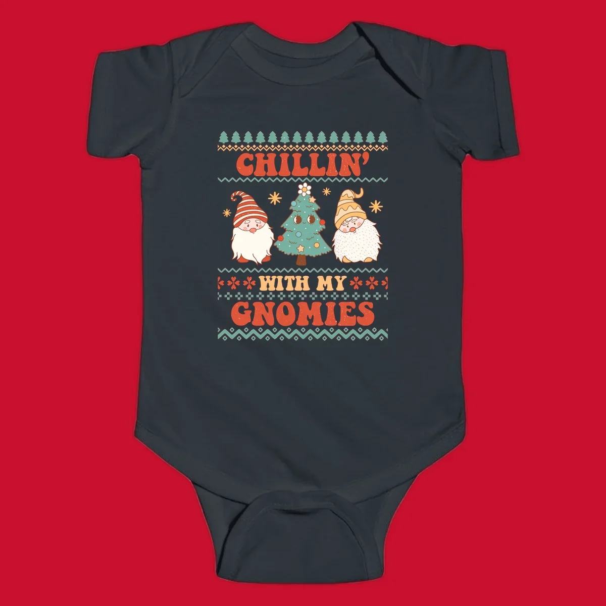 Chillin with my gnomies holiday design featuring retro text, gnomes, and a Christmas tree.