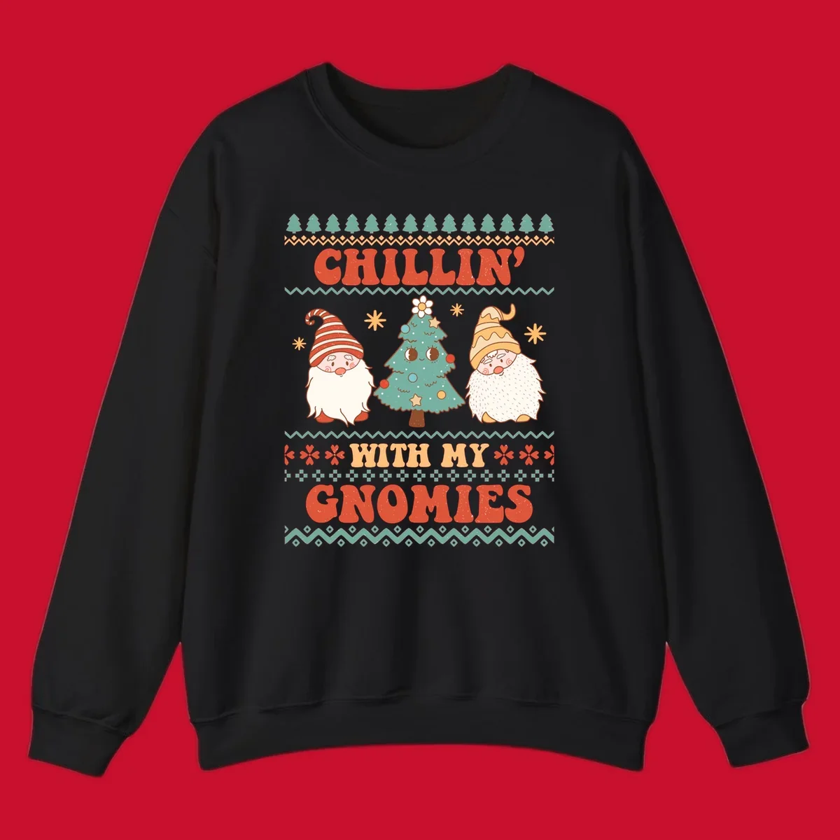 Chillin with my gnomies holiday design featuring retro text, gnomes, and a Christmas tree.