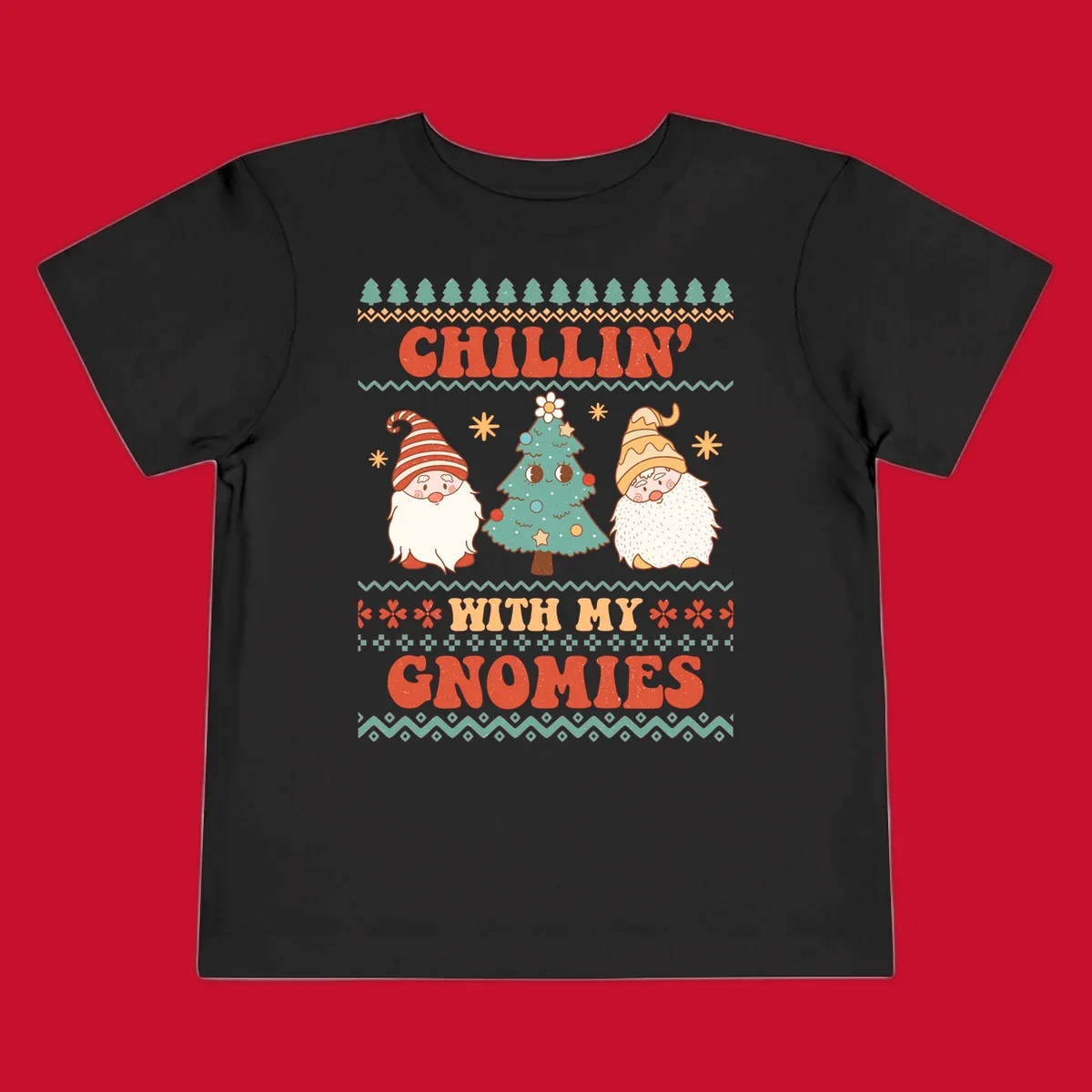 Chillin with my gnomies holiday design featuring retro text, gnomes, and a Christmas tree.