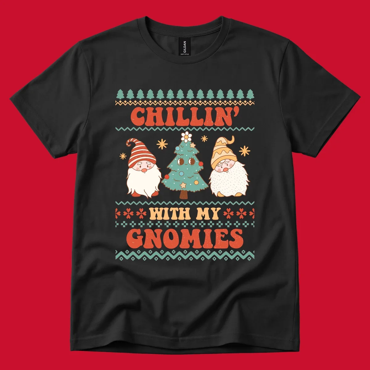 Chillin with my gnomies holiday design featuring retro text, gnomes, and a Christmas tree.