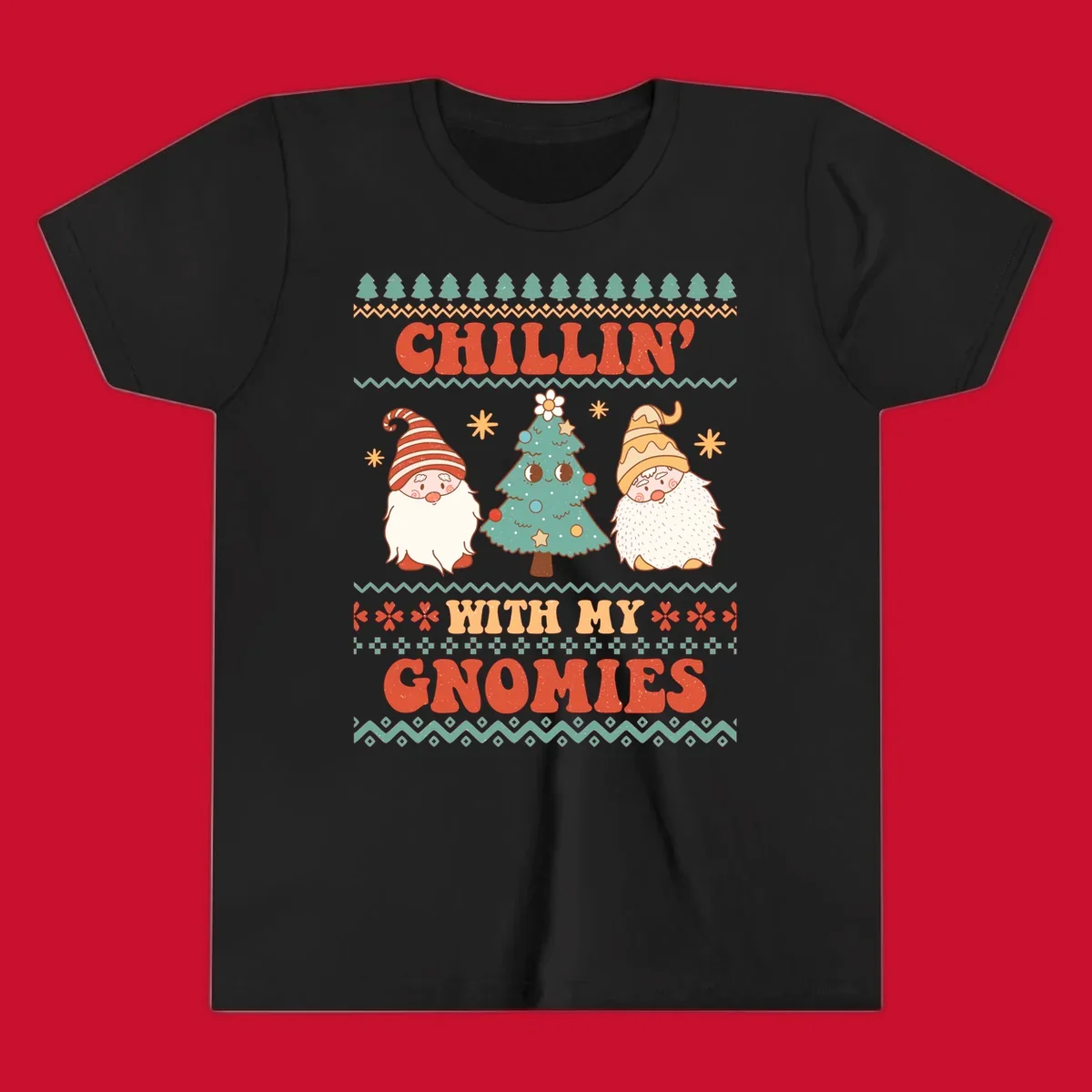 Chillin with my gnomies holiday design featuring retro text, gnomes, and a Christmas tree.