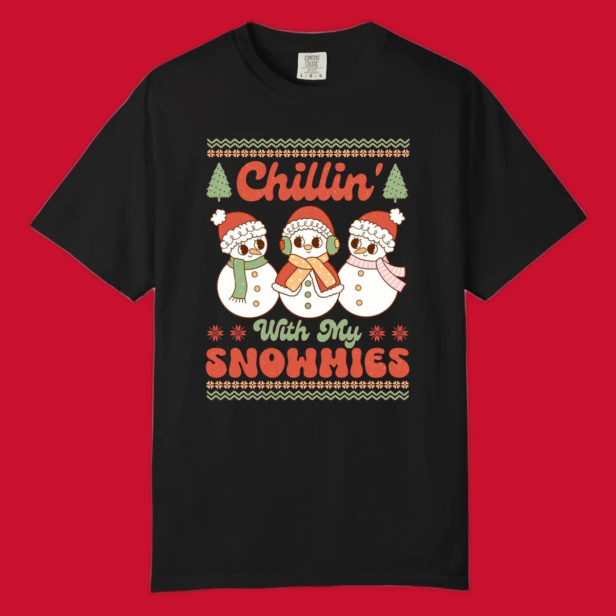 Chillin' With My Snowmies retro Christmas design with snowmen and text.