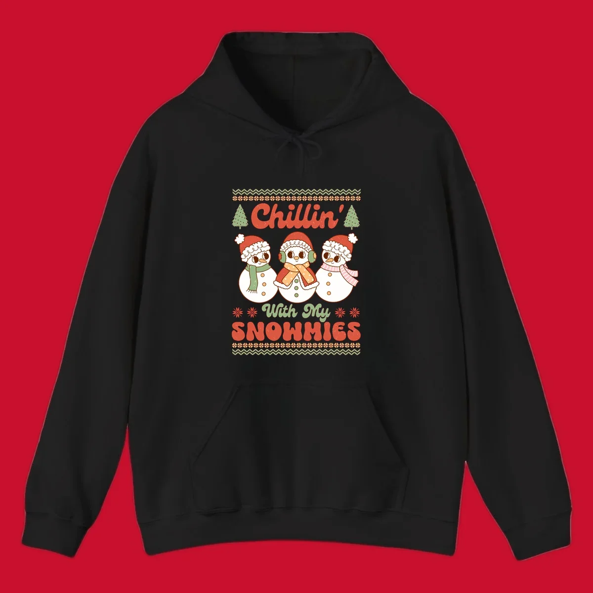 Chillin' With My Snowmies retro Christmas design with snowmen and text.