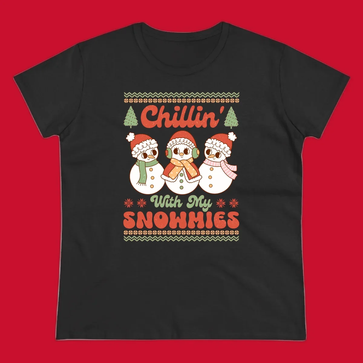 Chillin' With My Snowmies retro Christmas design with snowmen and text.