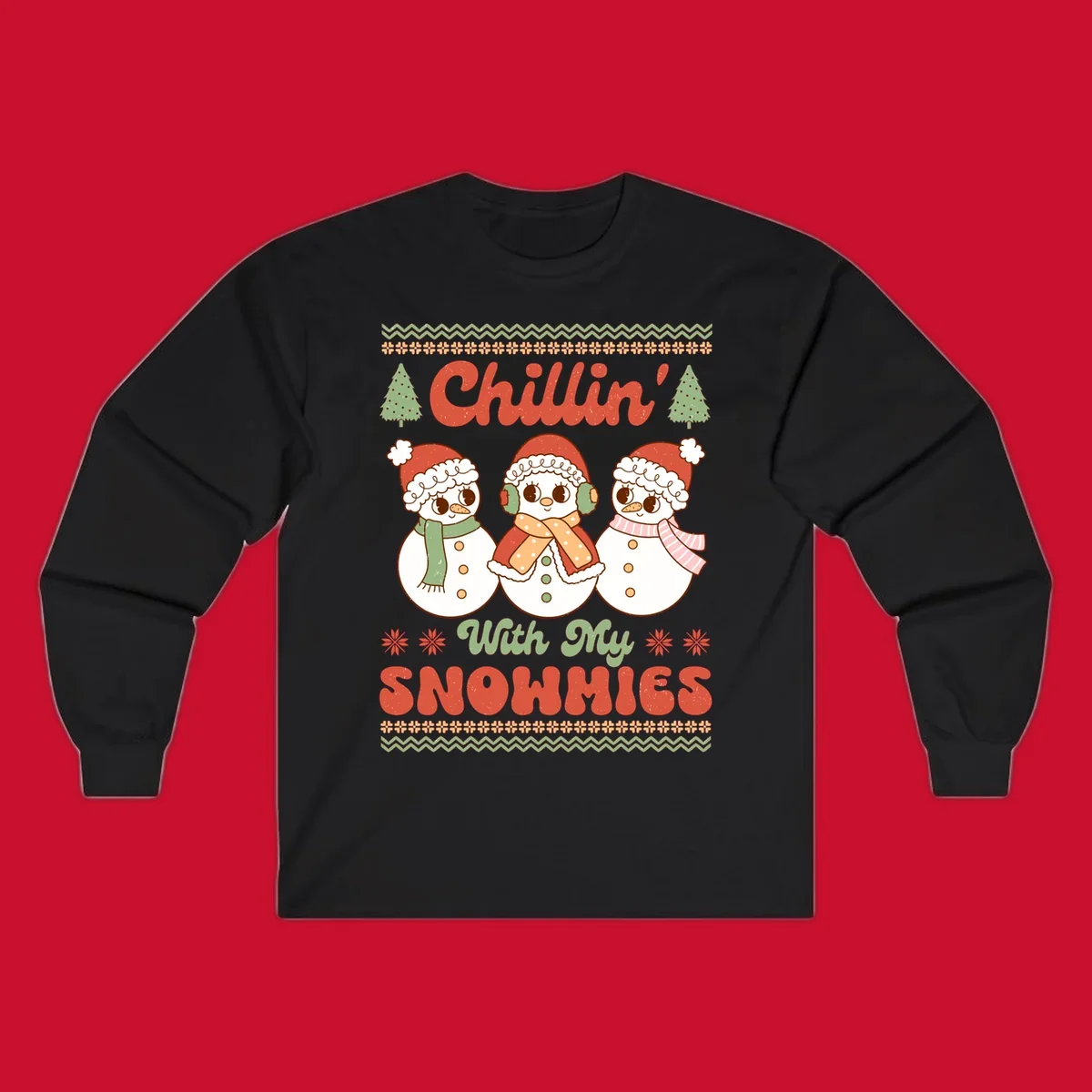 Chillin' With My Snowmies retro Christmas design with snowmen and text.