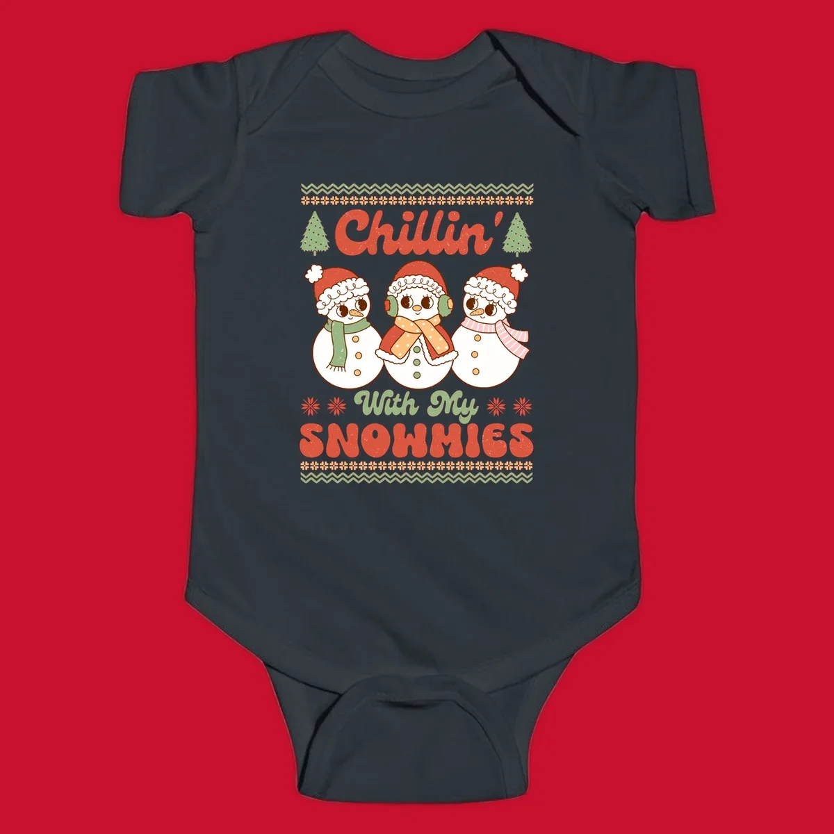 Chillin' With My Snowmies retro Christmas design with snowmen and text.