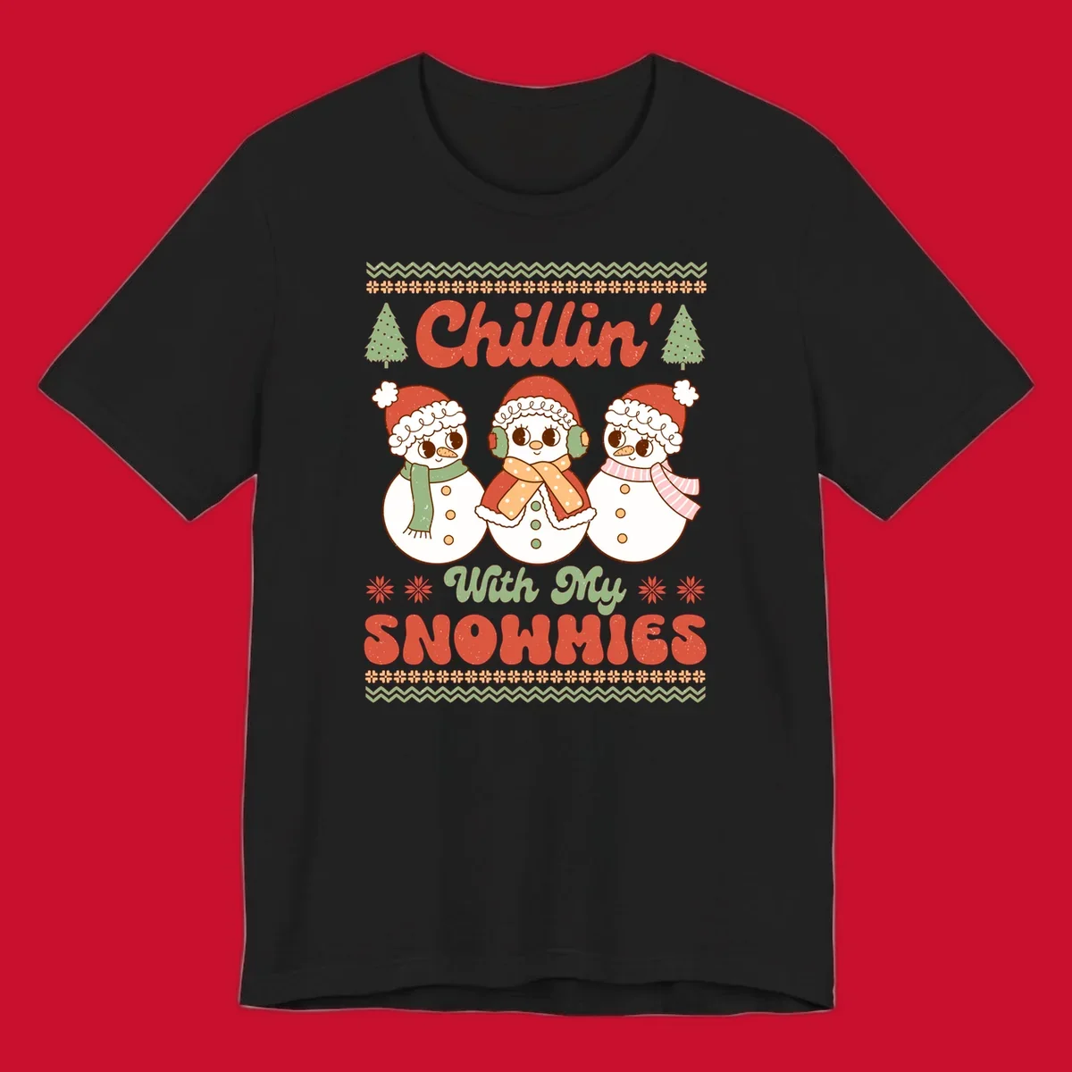 Chillin' With My Snowmies retro Christmas design with snowmen and text.
