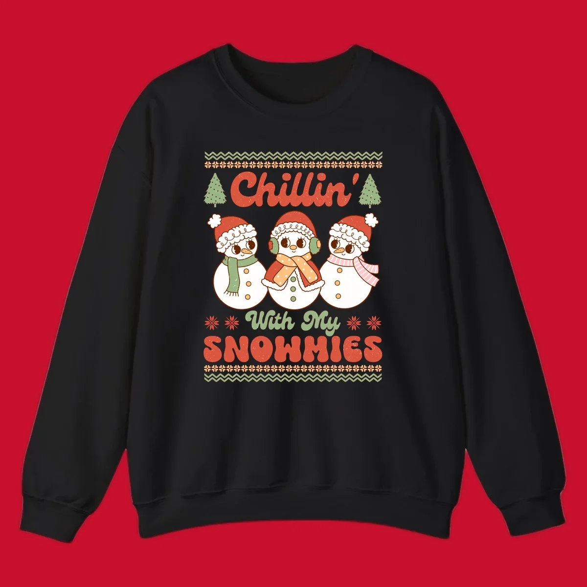 Chillin' With My Snowmies retro Christmas design with snowmen and text.