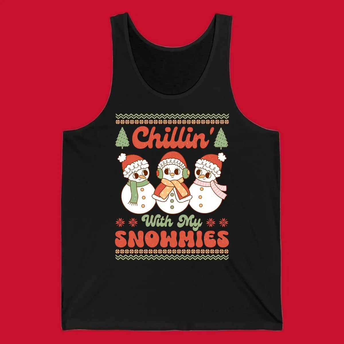 Chillin' With My Snowmies retro Christmas design with snowmen and text.