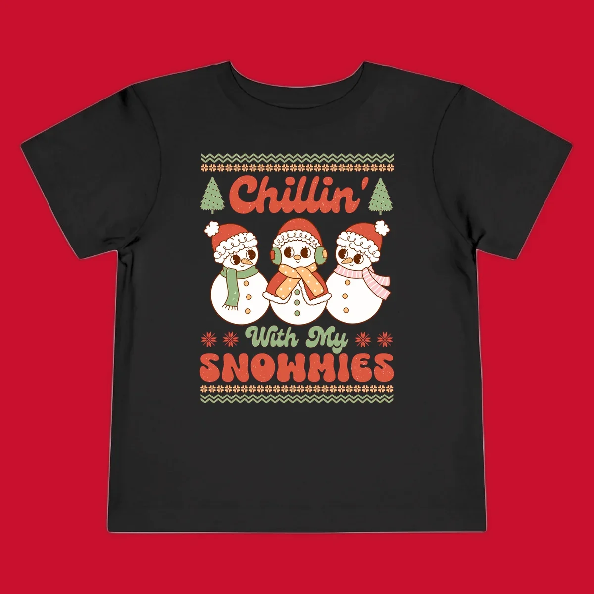 Chillin' With My Snowmies retro Christmas design with snowmen and text.