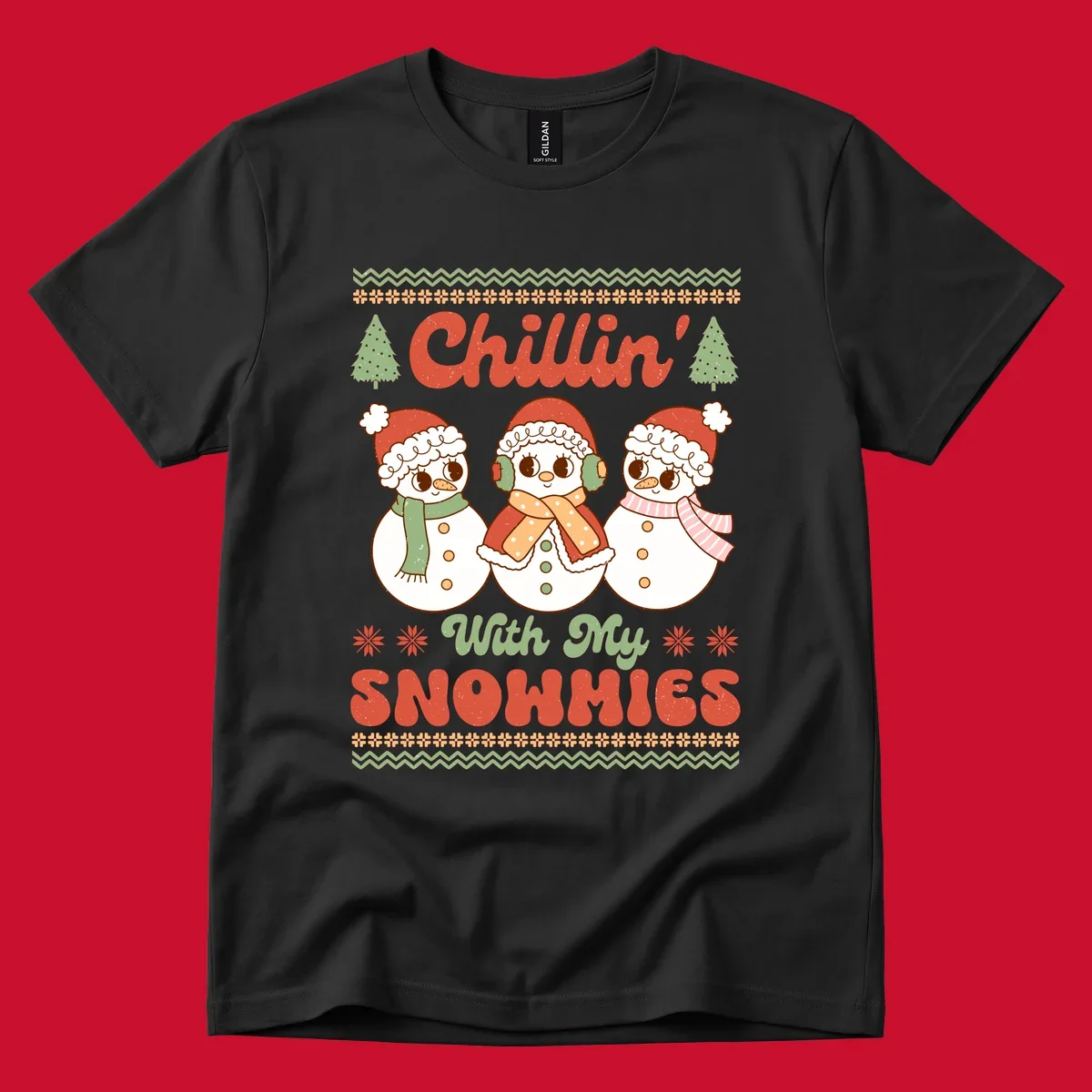 Chillin' With My Snowmies retro Christmas design with snowmen and text.