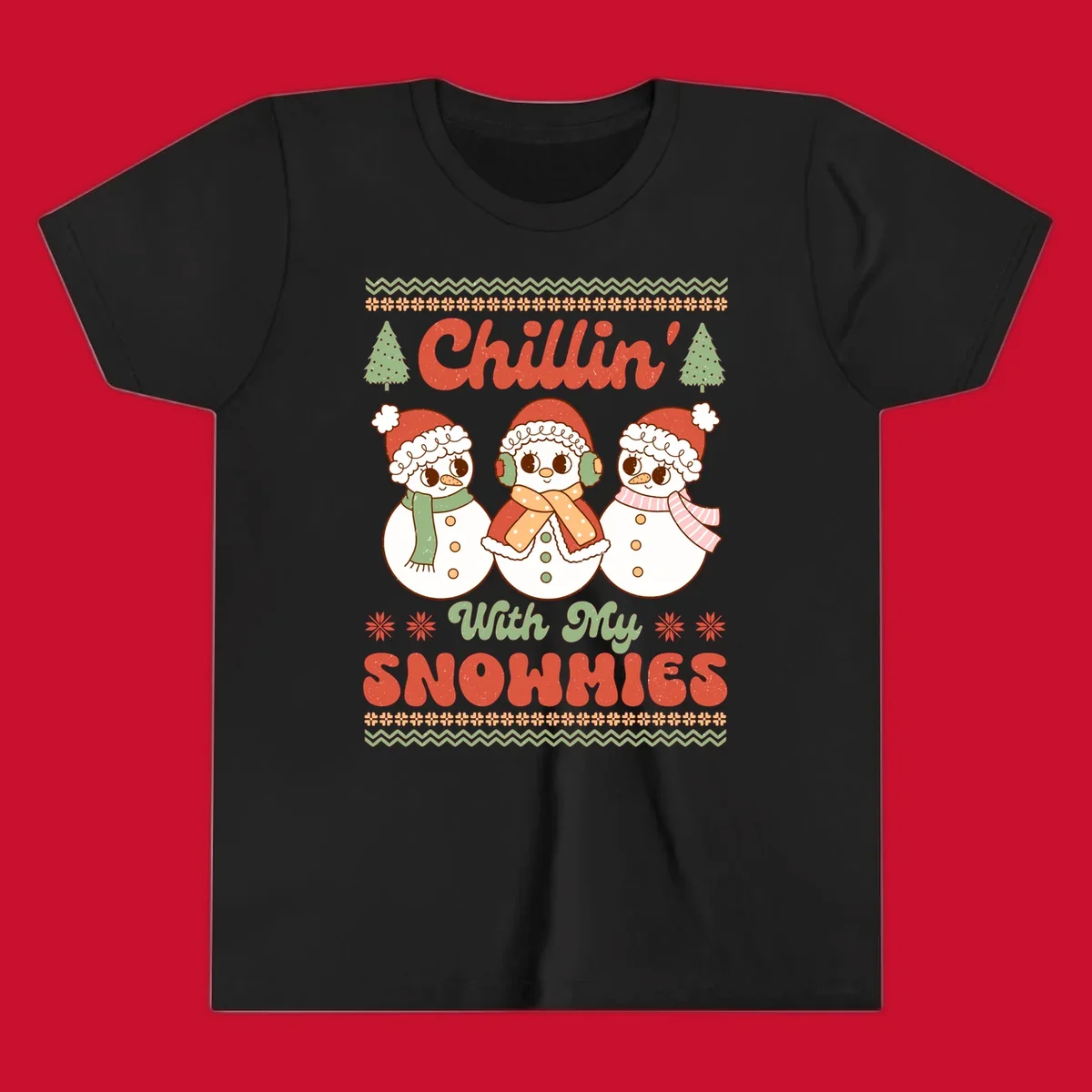 Chillin' With My Snowmies retro Christmas design with snowmen and text.