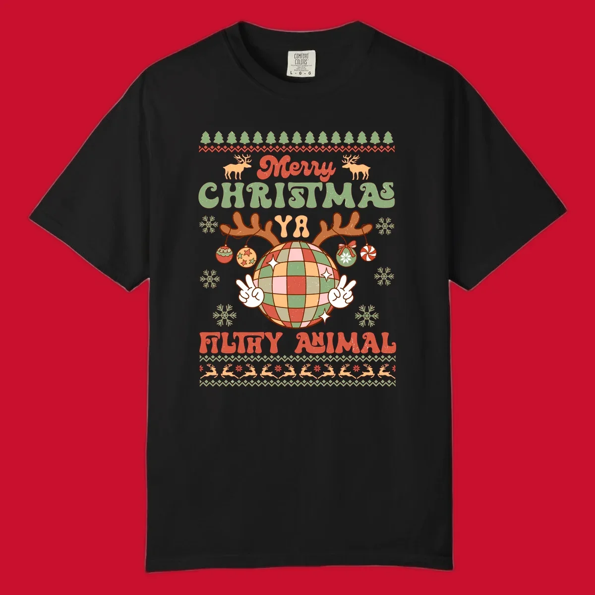 Filthy animal disco ball Christmas design with reindeer antlers and peace signs.