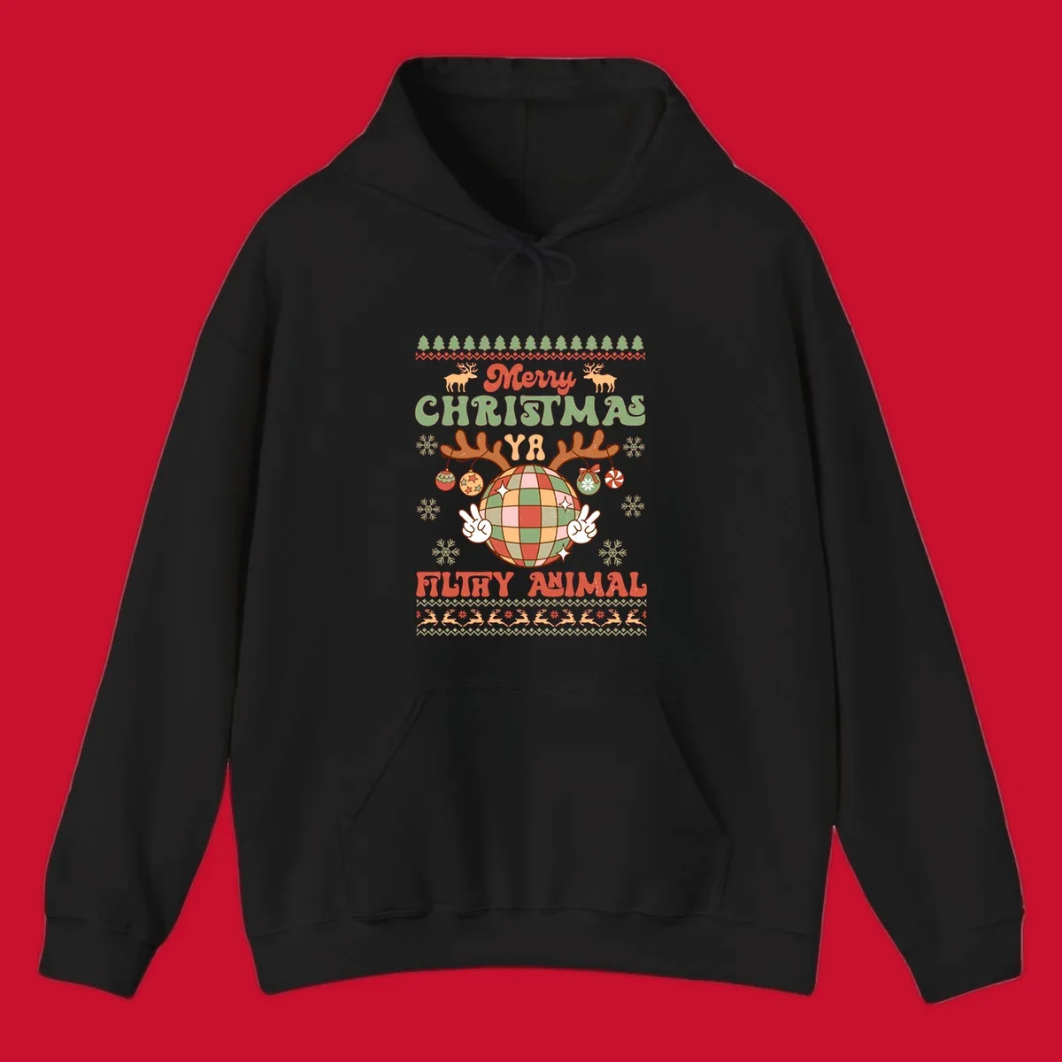 Filthy animal disco ball Christmas design with reindeer antlers and peace signs.