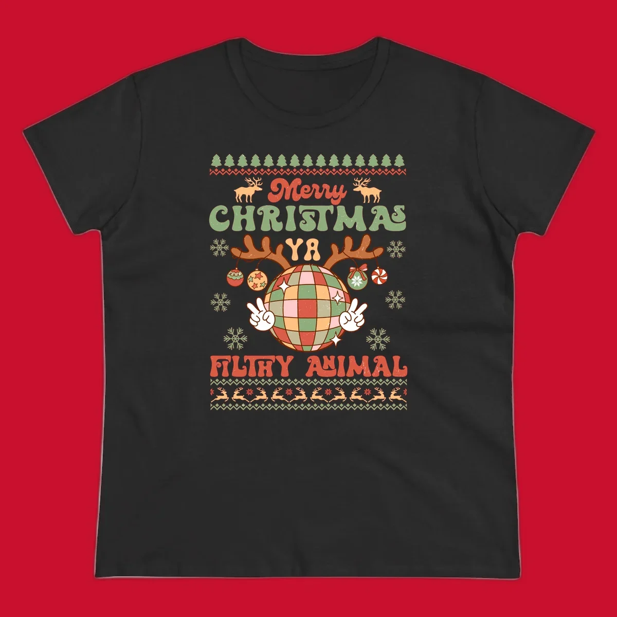 Filthy animal disco ball Christmas design with reindeer antlers and peace signs.
