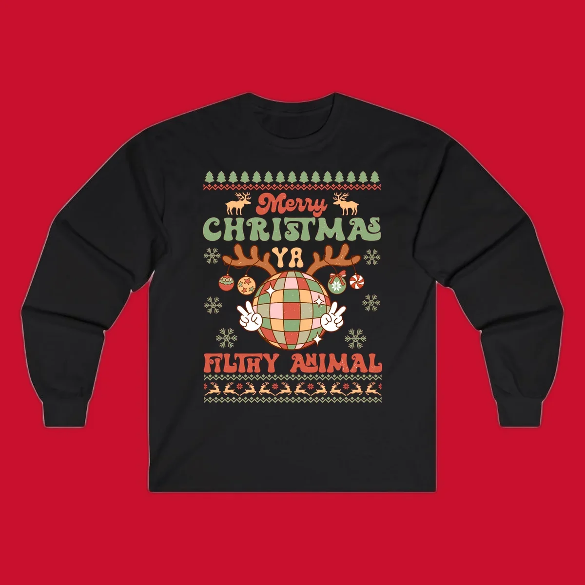 Filthy animal disco ball Christmas design with reindeer antlers and peace signs.