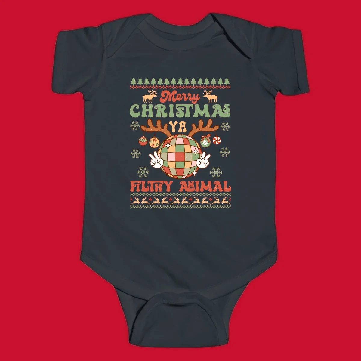 Filthy animal disco ball Christmas design with reindeer antlers and peace signs.