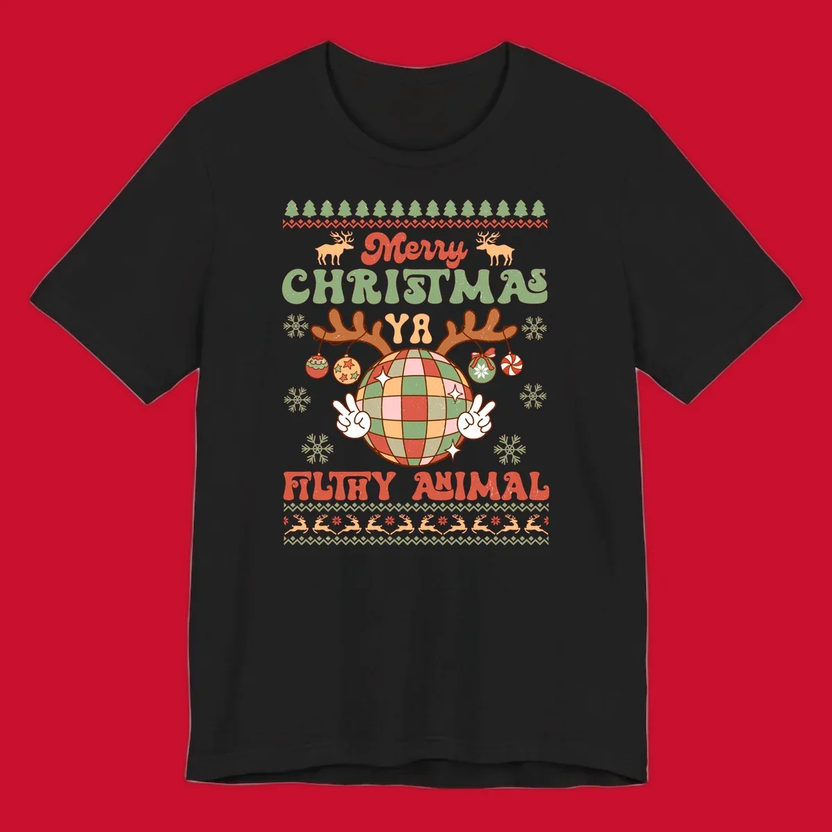 Filthy animal disco ball Christmas design with reindeer antlers and peace signs.