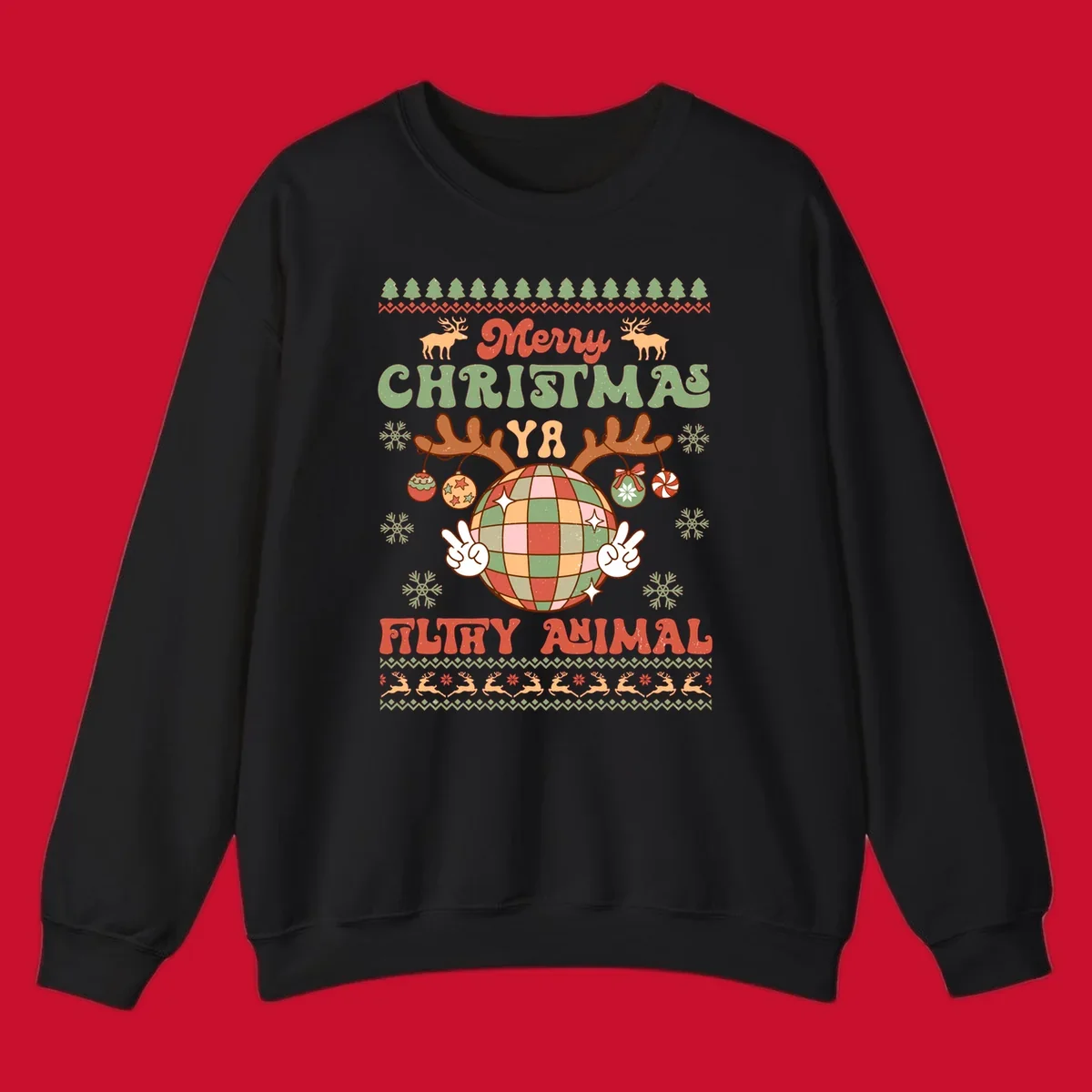 Filthy animal disco ball Christmas design with reindeer antlers and peace signs.