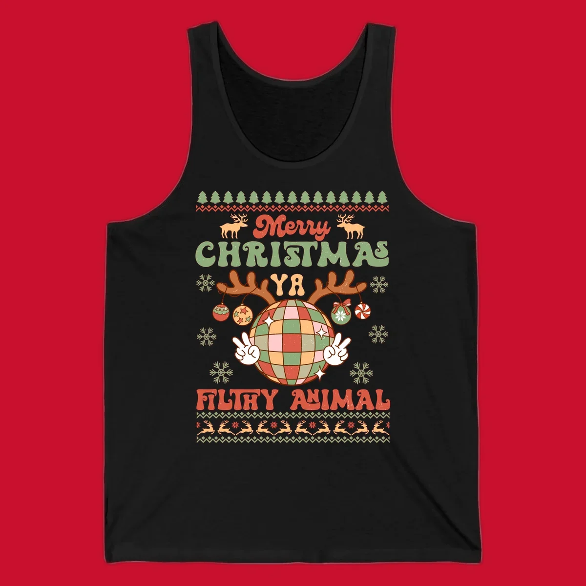 Filthy animal disco ball Christmas design with reindeer antlers and peace signs.