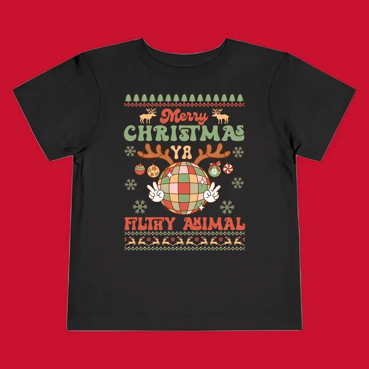 Filthy animal disco ball Christmas design with reindeer antlers and peace signs.