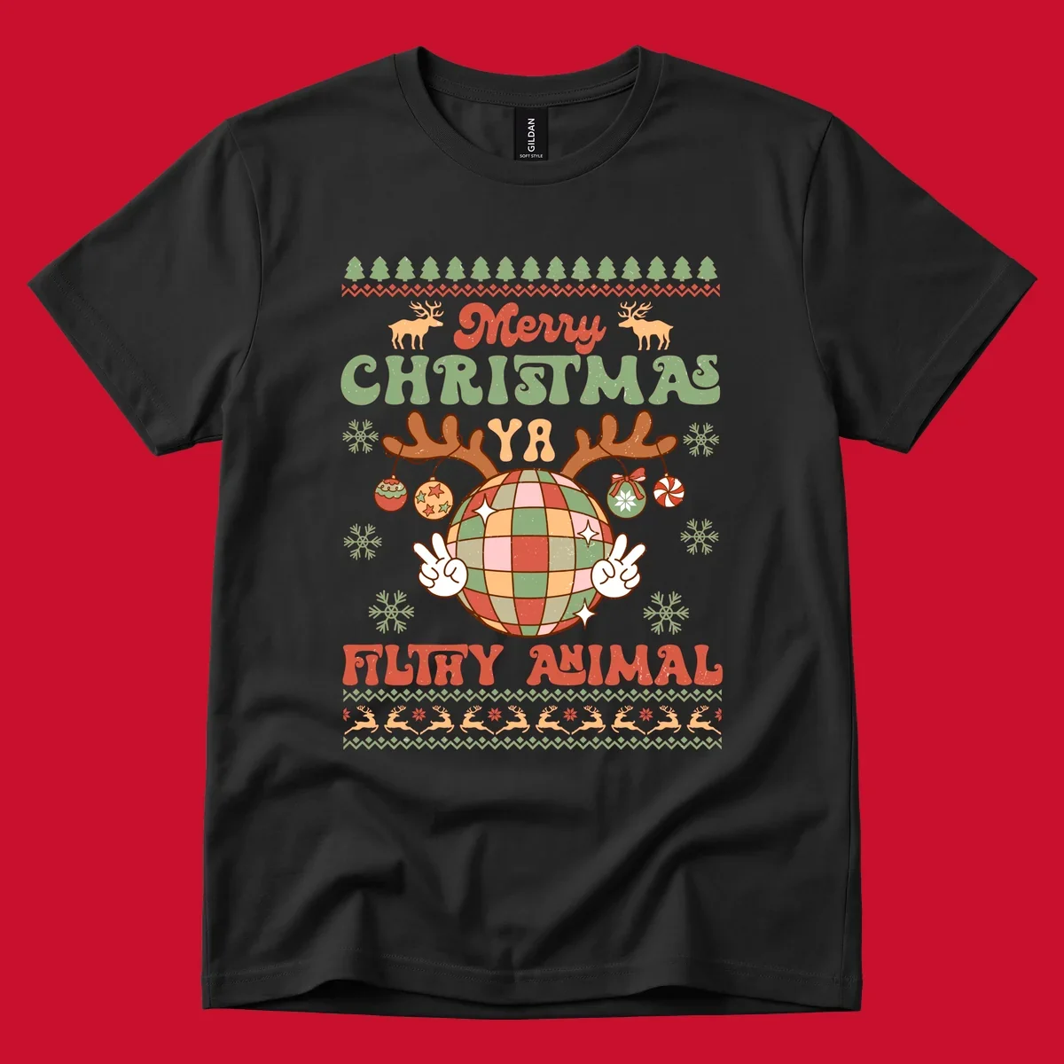 Filthy animal disco ball Christmas design with reindeer antlers and peace signs.