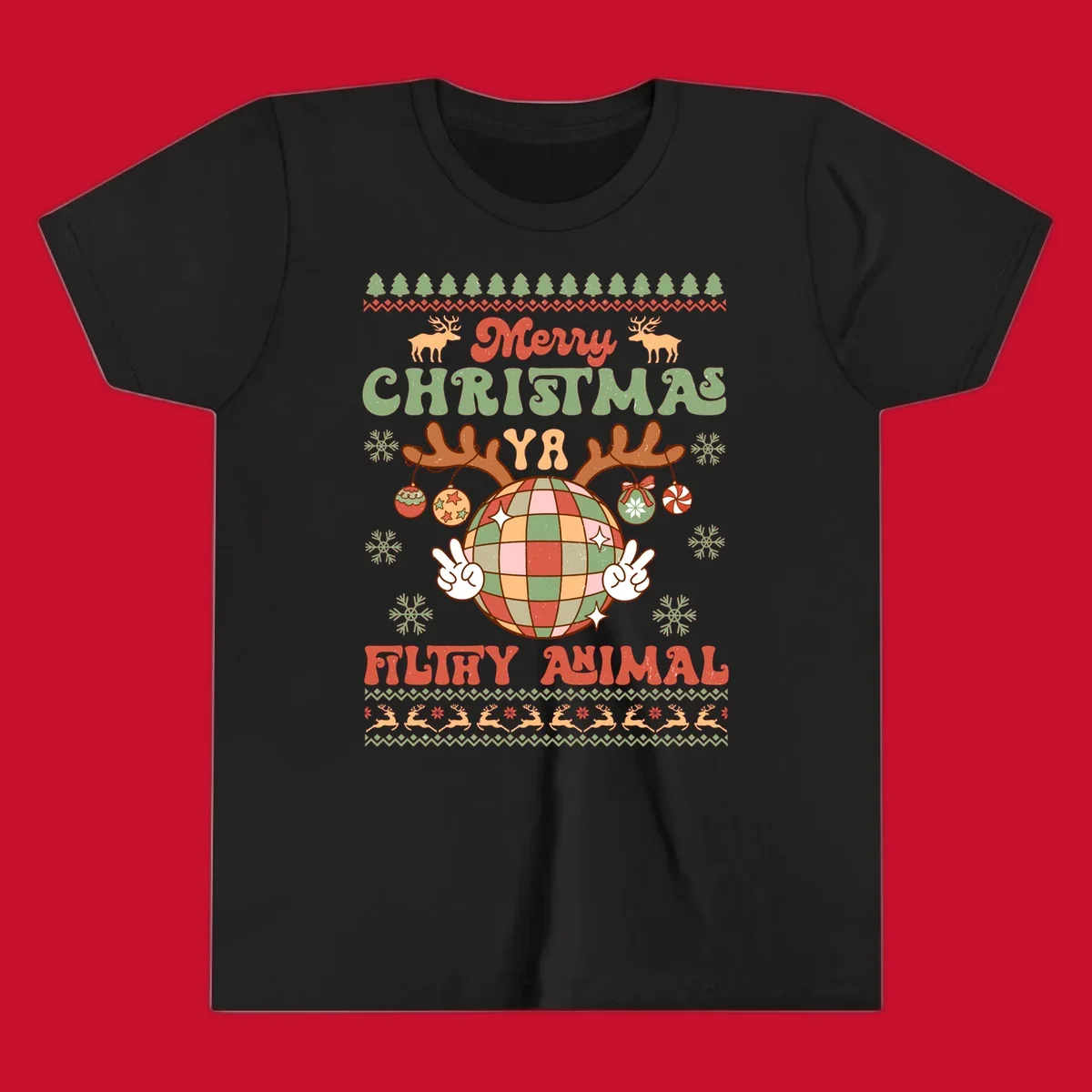 Filthy animal disco ball Christmas design with reindeer antlers and peace signs.