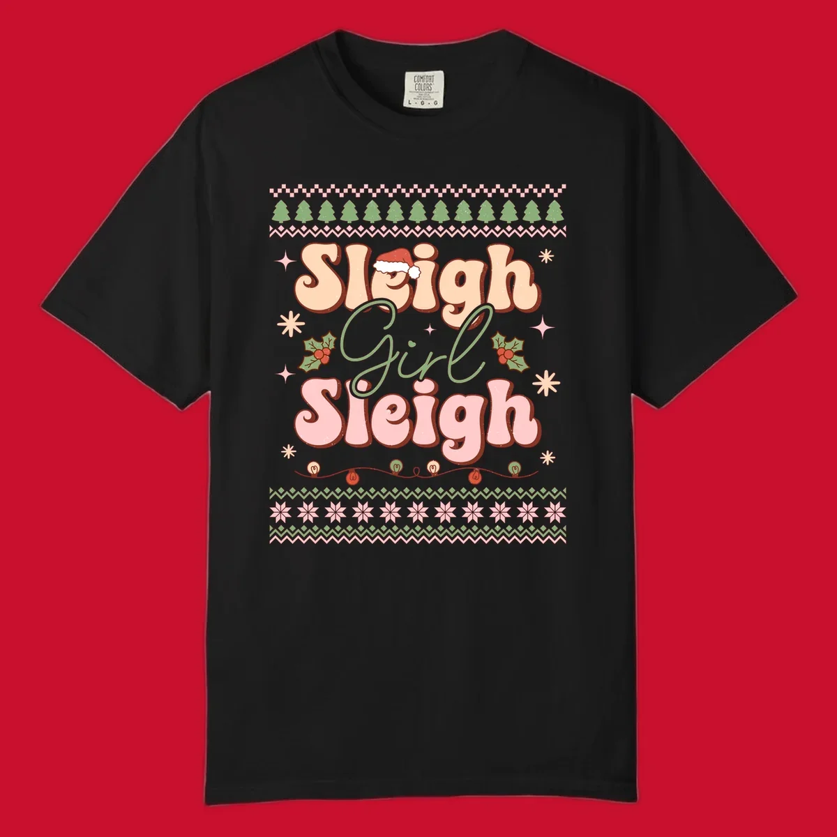 Sleigh Girl Sleigh retro groovy Christmas design with Santa hat, holly, and snowflakes.
