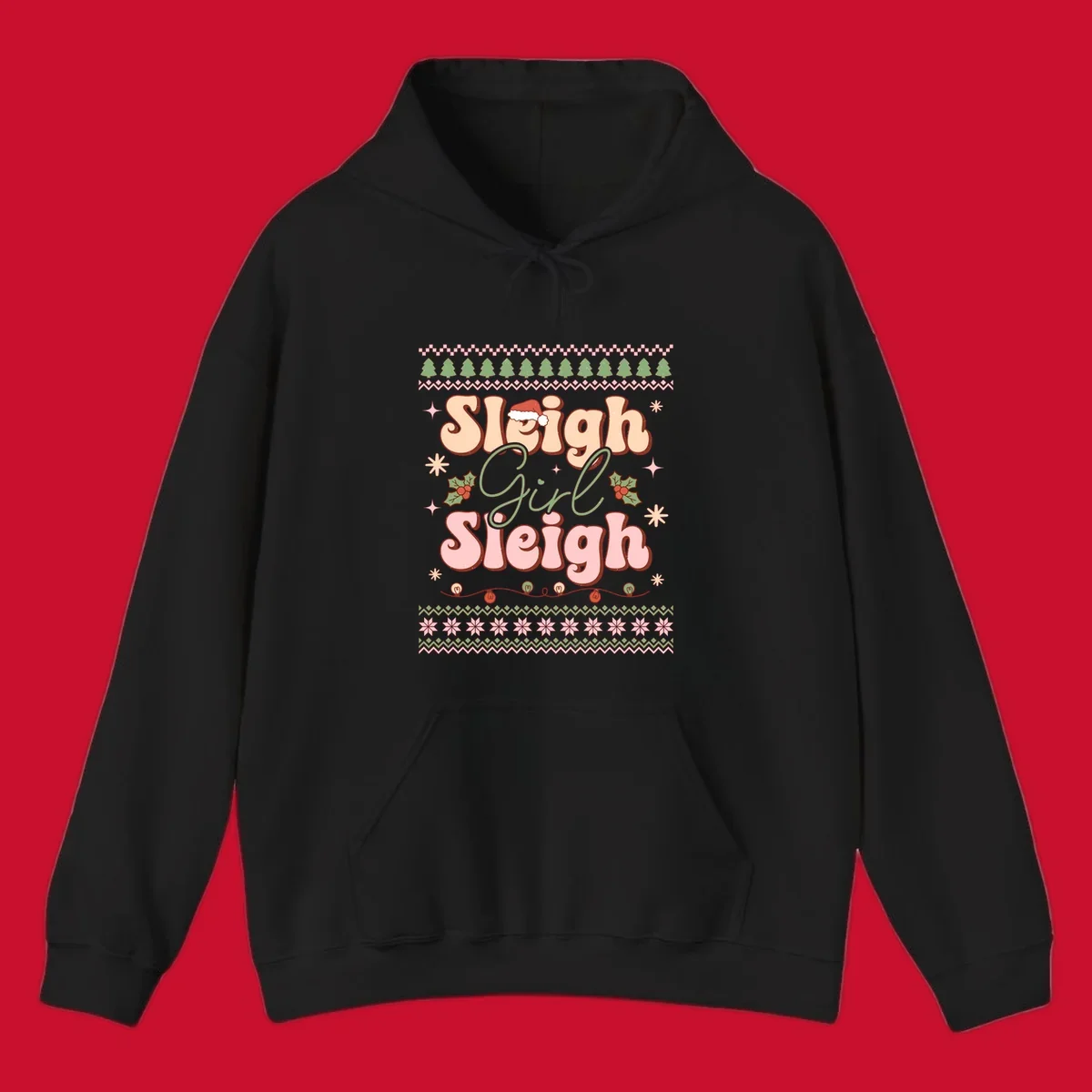 Sleigh Girl Sleigh retro groovy Christmas design with Santa hat, holly, and snowflakes.