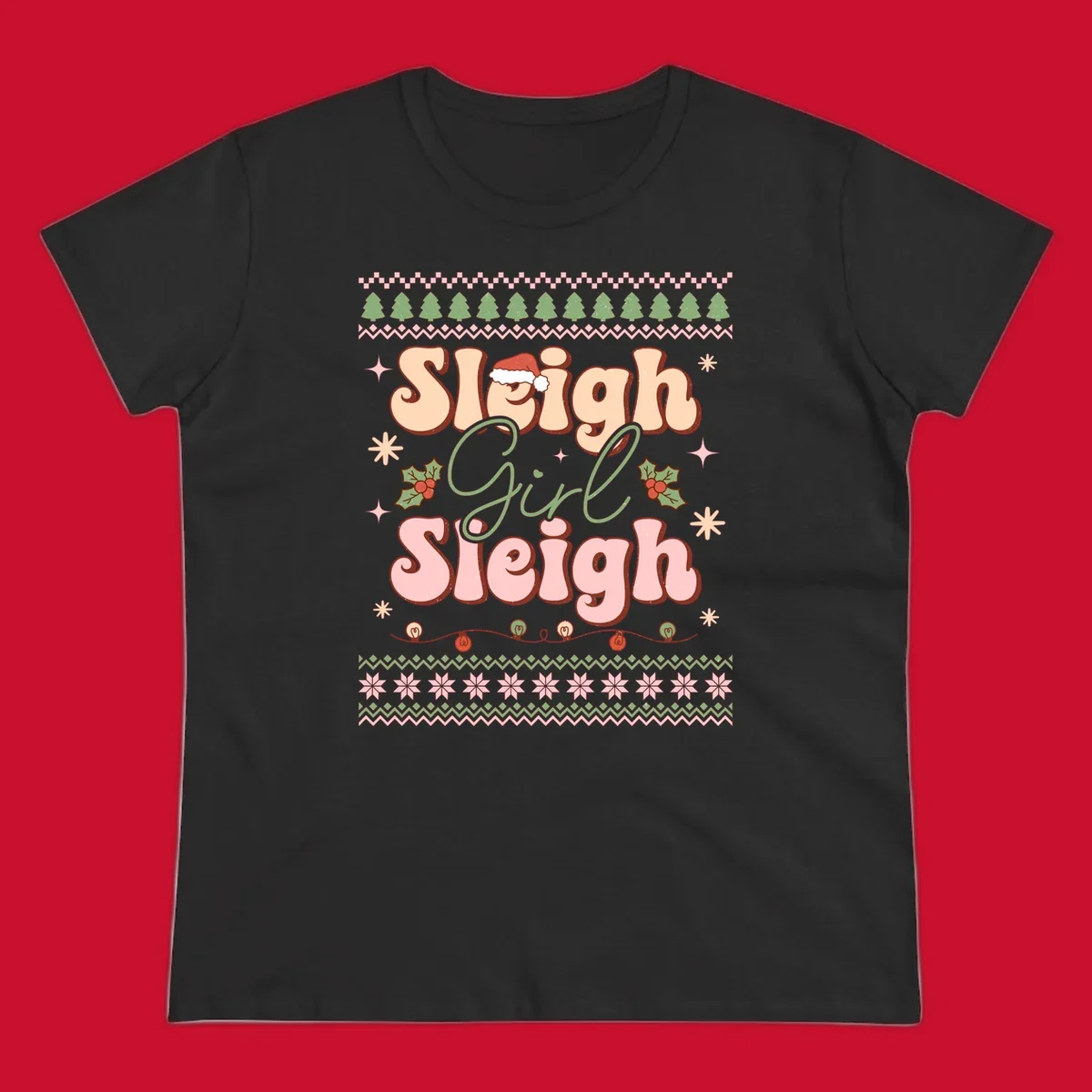 Sleigh Girl Sleigh retro groovy Christmas design with Santa hat, holly, and snowflakes.