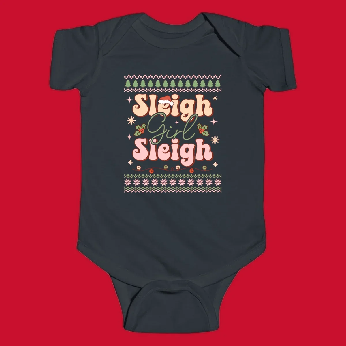 Sleigh Girl Sleigh retro groovy Christmas design with Santa hat, holly, and snowflakes.