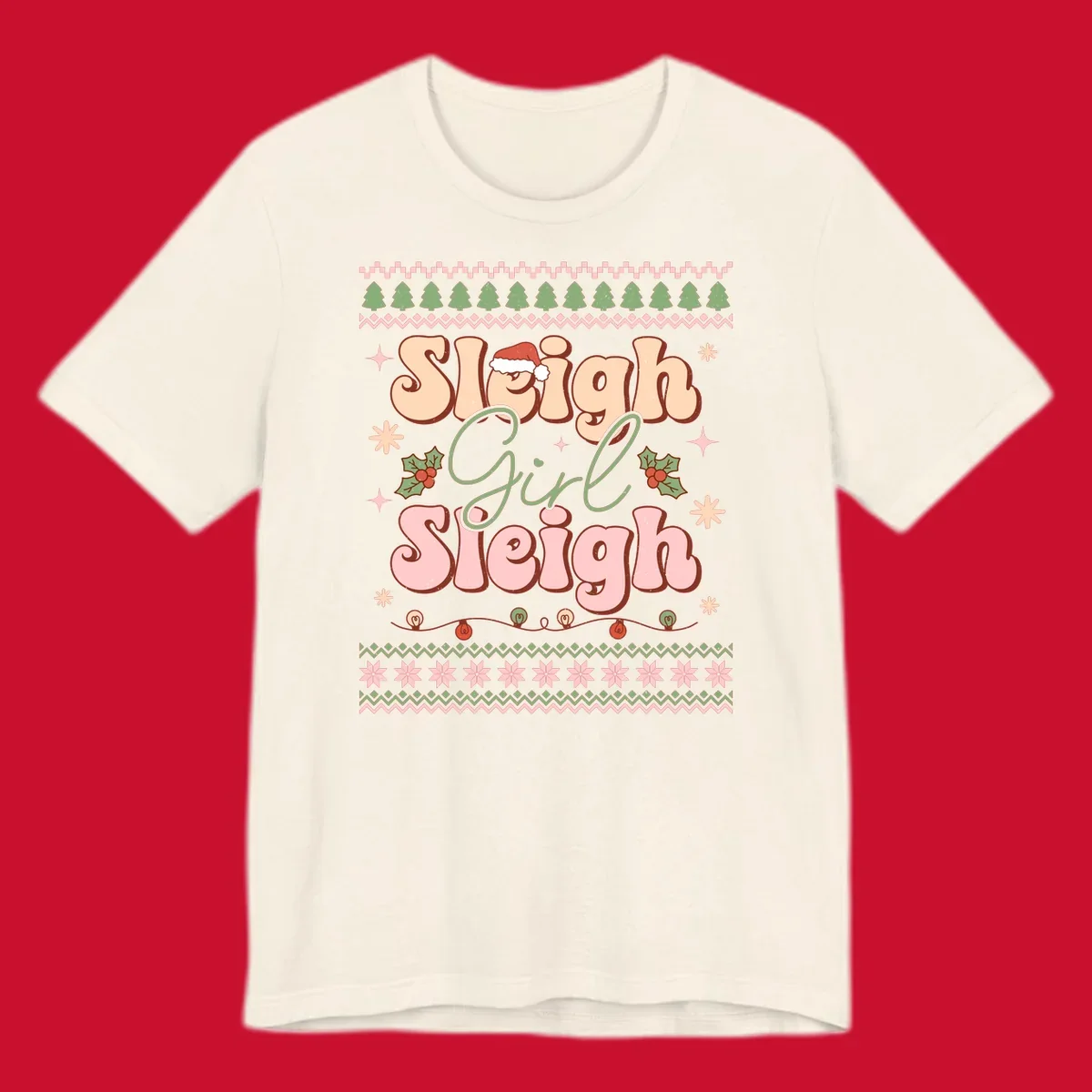 Sleigh Girl Sleigh retro groovy Christmas design with Santa hat, holly, and snowflakes.