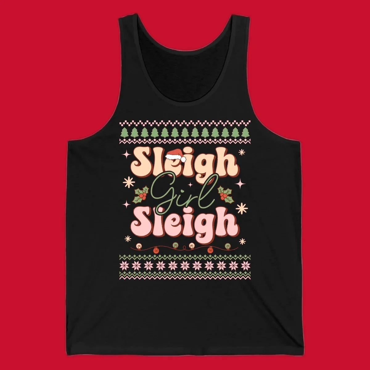 Sleigh Girl Sleigh retro groovy Christmas design with Santa hat, holly, and snowflakes.