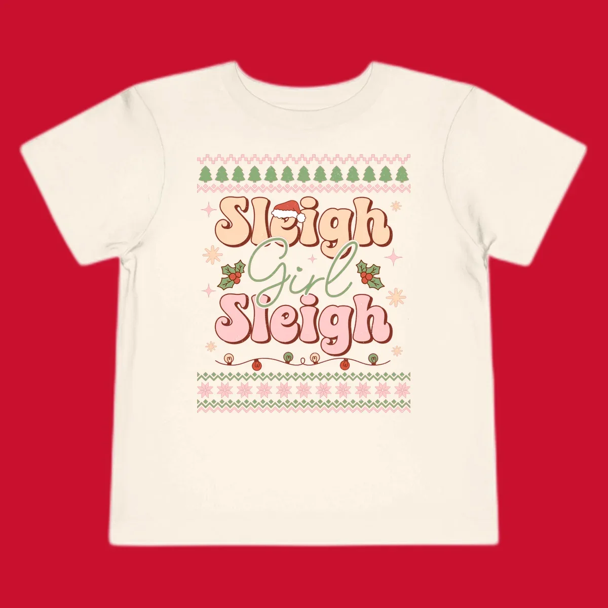 Sleigh Girl Sleigh retro groovy Christmas design with Santa hat, holly, and snowflakes.