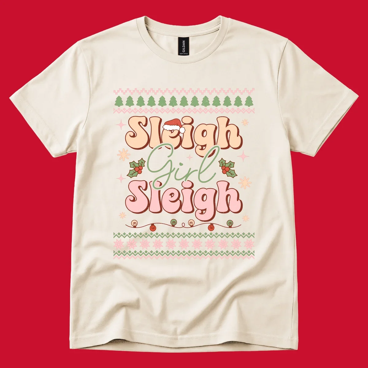 Sleigh Girl Sleigh retro groovy Christmas design with Santa hat, holly, and snowflakes.